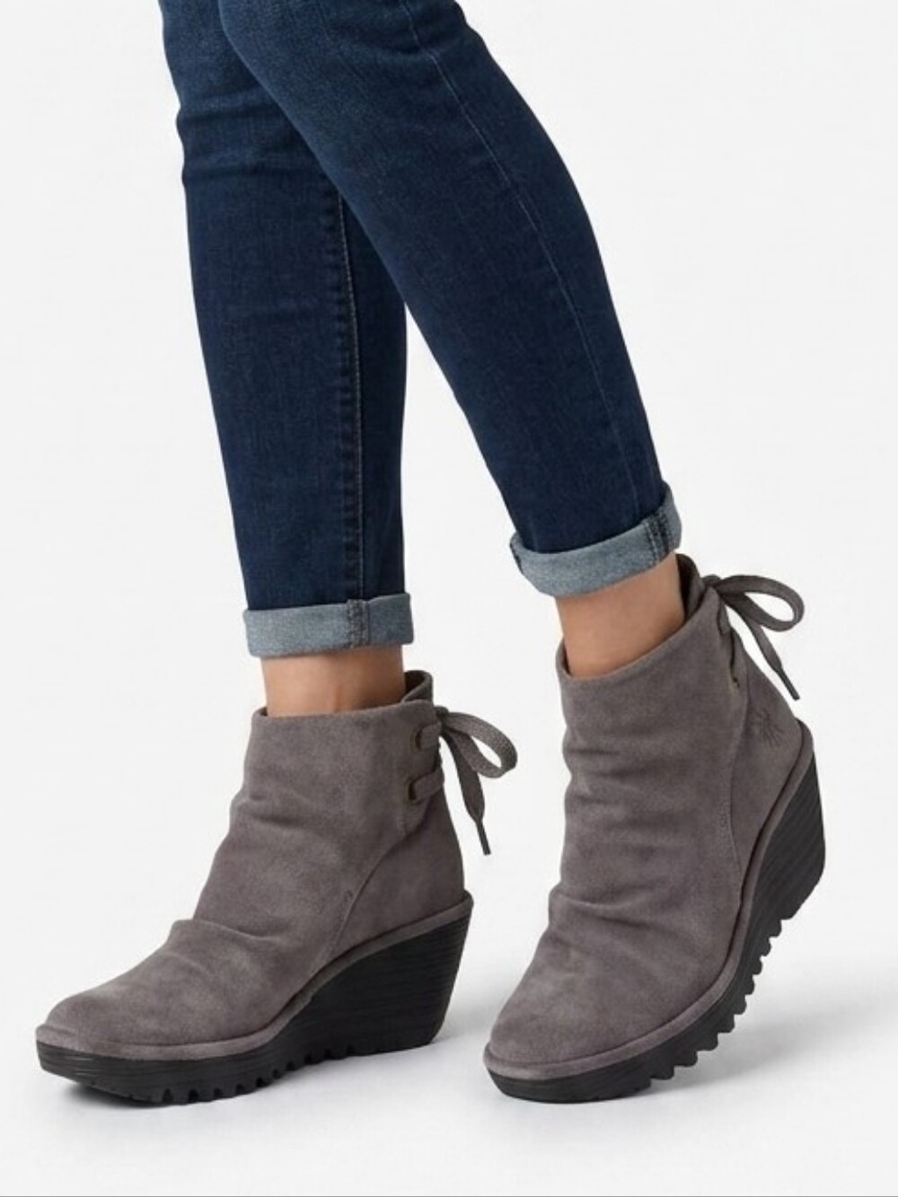 Fly London Yama Gray Suede Leather Wedge Lace-Up Back Platform Ankle Booties 38